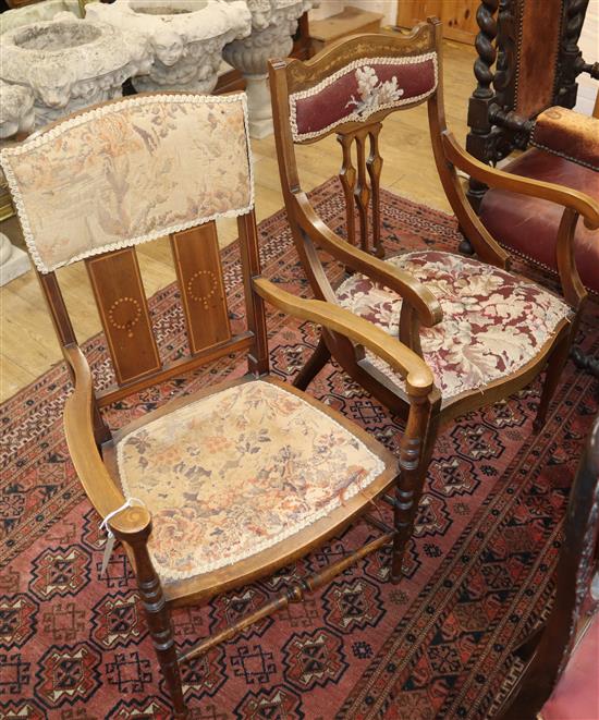 Two Edwardian Art Nouveau elbow chairs